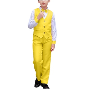 Hinvhai Ensemble de Costume pour Garçon Chemise Habillée avec Nœud Papillon, Gilet Ajusté et Pantalon Vêtements pour Tout-Petit Garçon Complets Jaune 7-8 Ans