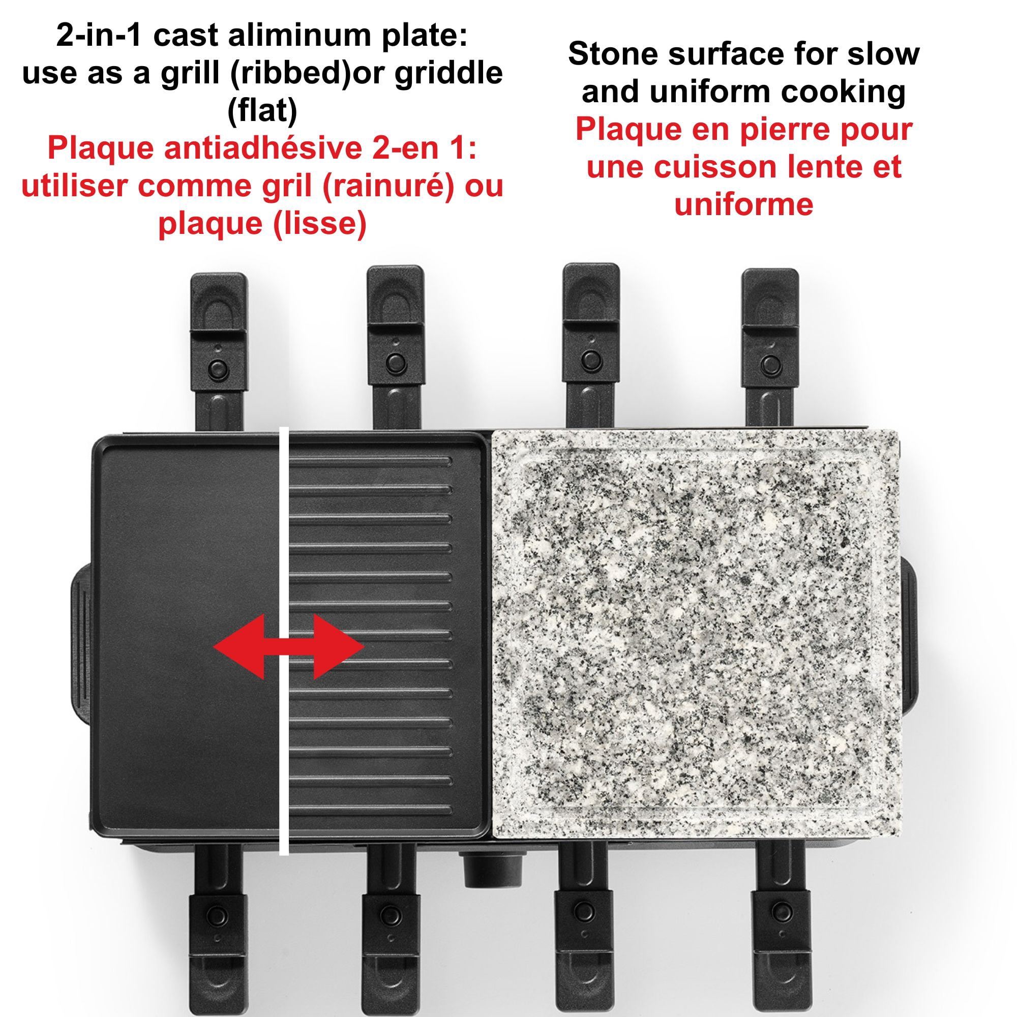 Starfrit 8-Person Raclette Party Grill, 2-in-1 Die-Cast Aluminum & Cooking Stone, Adjustable Temperature, 8 Spatulas & Dishes, 1300W, Hand Wash, Black