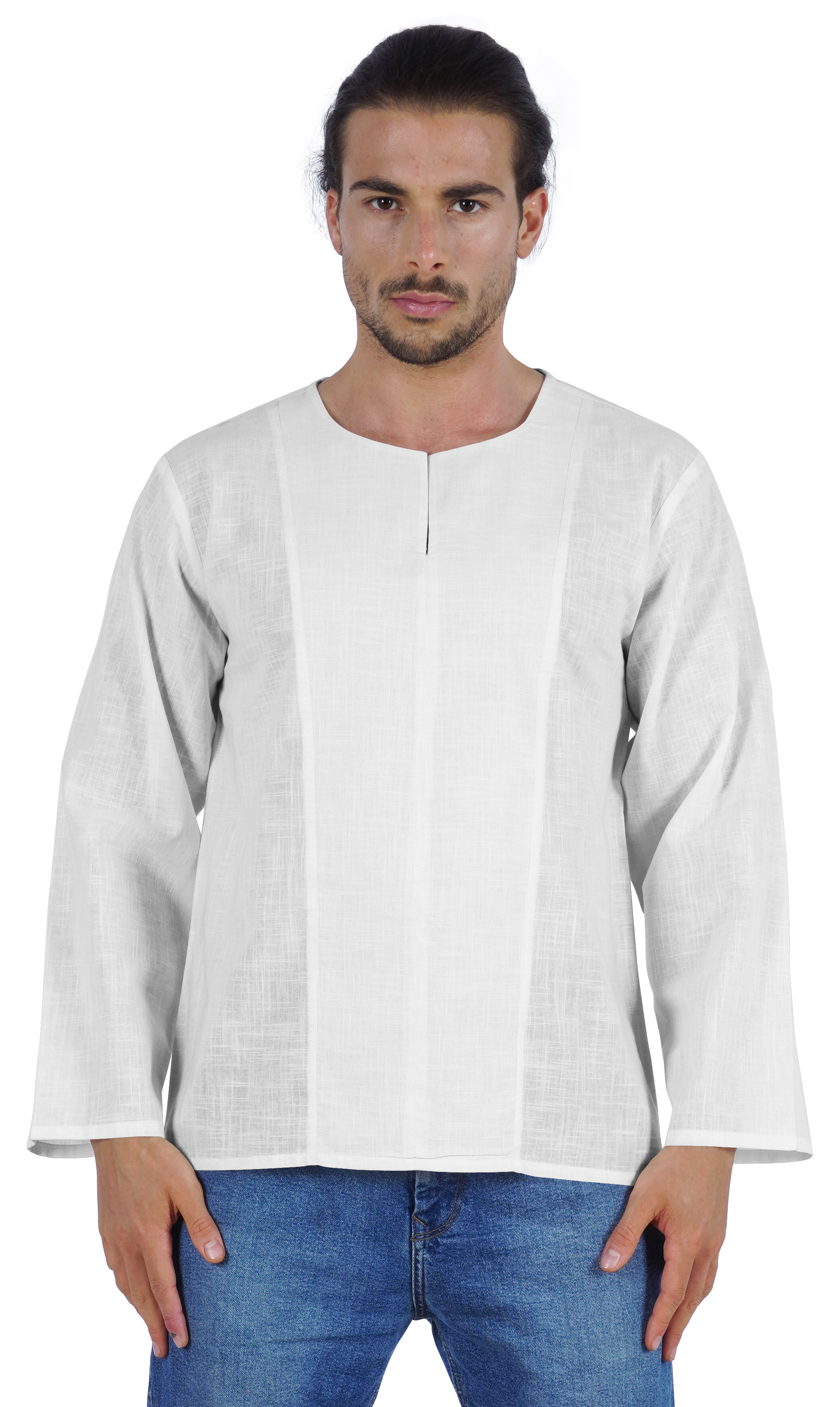 Atasi Kurta à Manches Longues pour Hommes en Coton Slub Uni à Col Rond Chemise Ethnique-7731