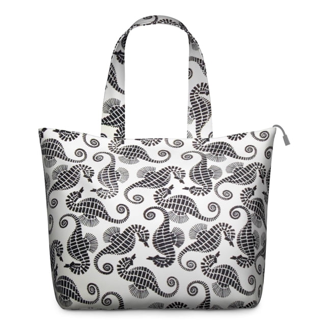 Cute Seahorse Travel Tote Bag, Tropical Nautical Underwater Life Cartoon Print Weekender Duffel, Coastal Shells and Waves Pattern Lightweight Multipurpose Carry-on