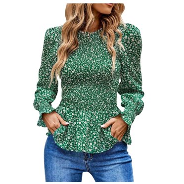 IROINID Liquidation T-Shirts à Manches Longues pour Femmes Col Rond Imprimé Floral Taille Élastique Manches Évasées Plissées Dentelle Manches Longues, Bleu