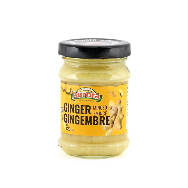 Aurora Minced Ginger in a 120g clear glass jar with a black lid, featuring a yellow bilingual label with the Aurora logo and ginger root image, ideal for adding fresh ginger flavor to dishes and often used as a convenient substitute for fresh ginger in cooking.