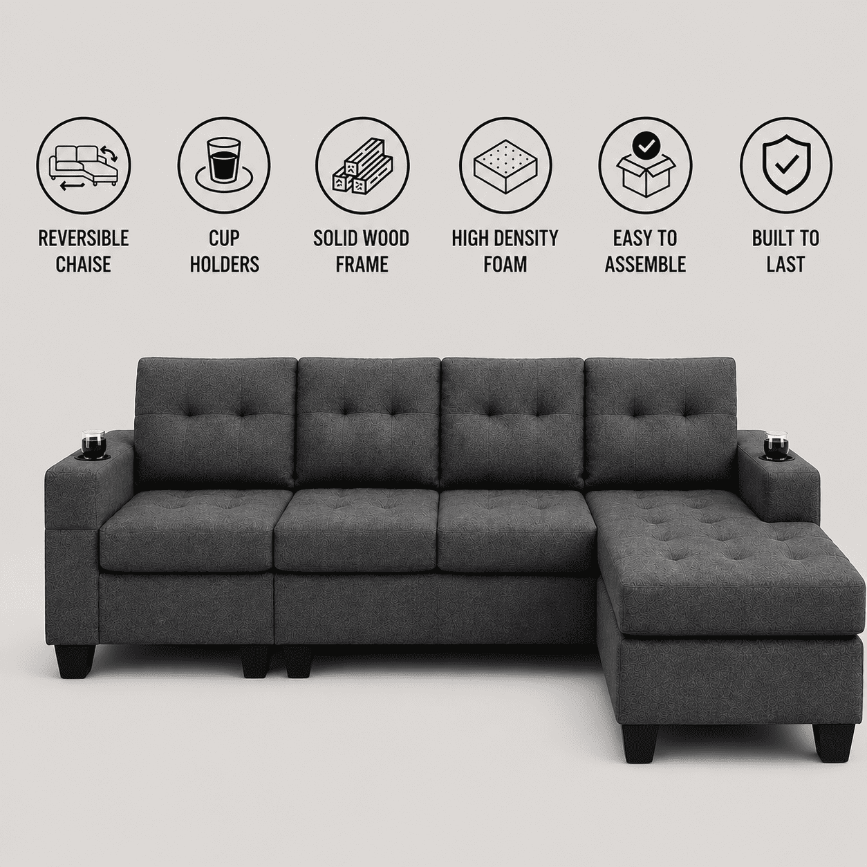 Cosmic Homes Bexen 2-Piece Reversible Sectional Sofa, Fabric Upholstery, Grey Couch with Cup Holder, Sofa for Living Room