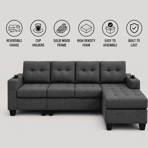 Cosmic Homes Bexen 2-Piece Reversible Sectional Sofa, Fabric Upholstery, Grey Couch with Cup Holder, Sofa for Living Room