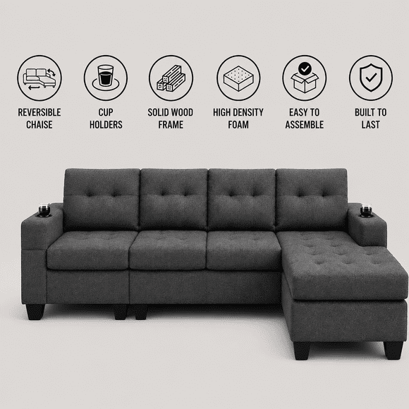 Cosmic Homes Bexen 2-Piece Reversible Sectional Sofa, Fabric Upholstery, Grey Couch with Cup Holder, Sofa for Living Room