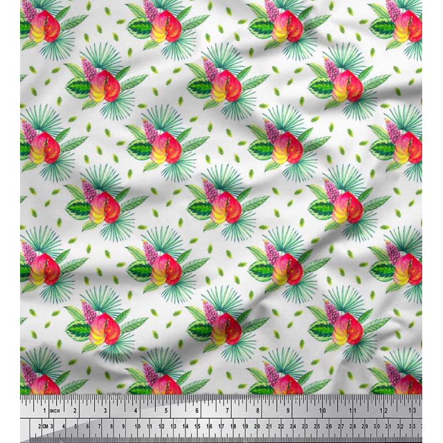 Soimoi Poly Georgette Fabric Leaves Tropical Print Sewing Fabric Yard 52 Inch Wide
