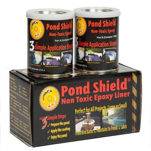 Pond Armor SKU-WHITE-QT-R Non-Toxic Pond Shield Epoxy Paint, 1.5-Quart, White. The image features two cans of Pond Shield epoxy liner atop a branded box. This non-toxic epoxy paint is ideal for waterproofing ponds, aquariums, and water features. It offers easy application, a smooth finish, and algae-resistant properties, making it suitable for koi ponds, fountains, and hydroponic systems.