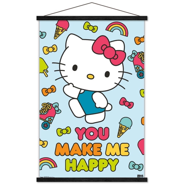 Hello Kitty - Happy Wall Poster, 22.375" x 34" featuring a front-facing Hello Kitty cartoon with a red bow and blue outfit on a light blue background decorated with colorful ice cream cones, roller skates, rainbows, and bows, with the phrase 'YOU MAKE ME HAPPY' in red, orange, and green letters, framed in black wood and hanging by a thin black cord, suitable for home décor and children's rooms.