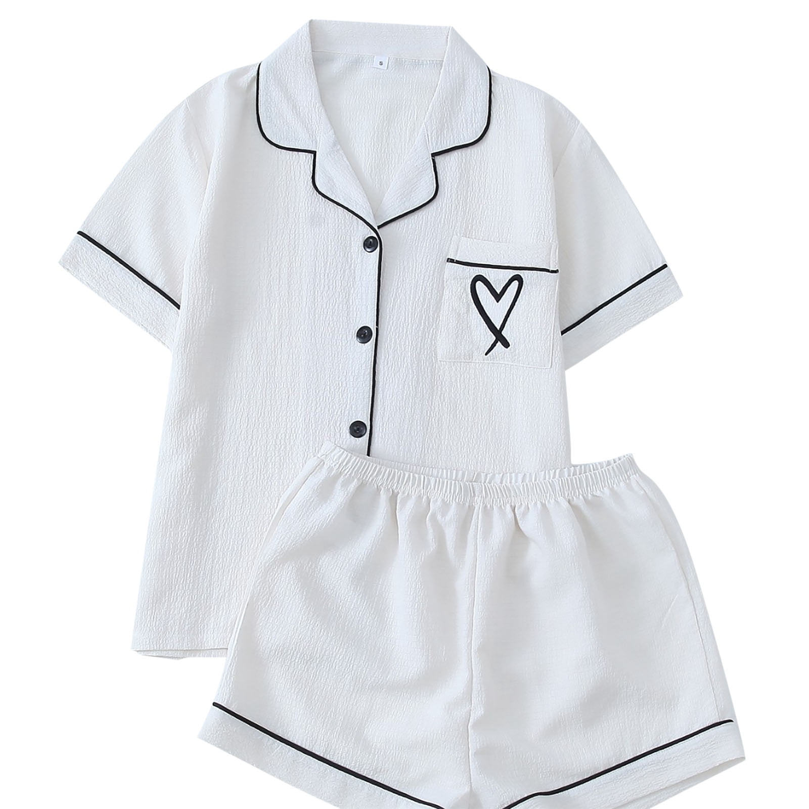 cfhntfmh Womens Pajama Sets Pj Set Cute Heart Print Short Sleeve Button down Shirt with Shorts 2 Piece Pjs Set