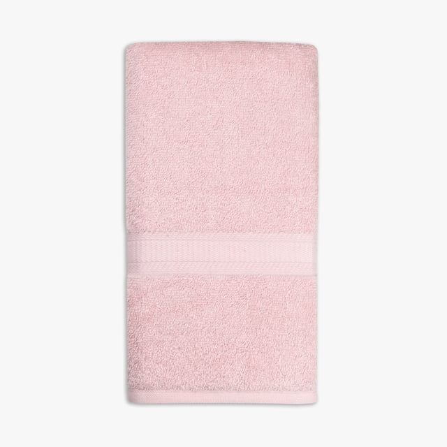 Light pink Mainstays Basics solid hand towel folded with a textured decorative band.