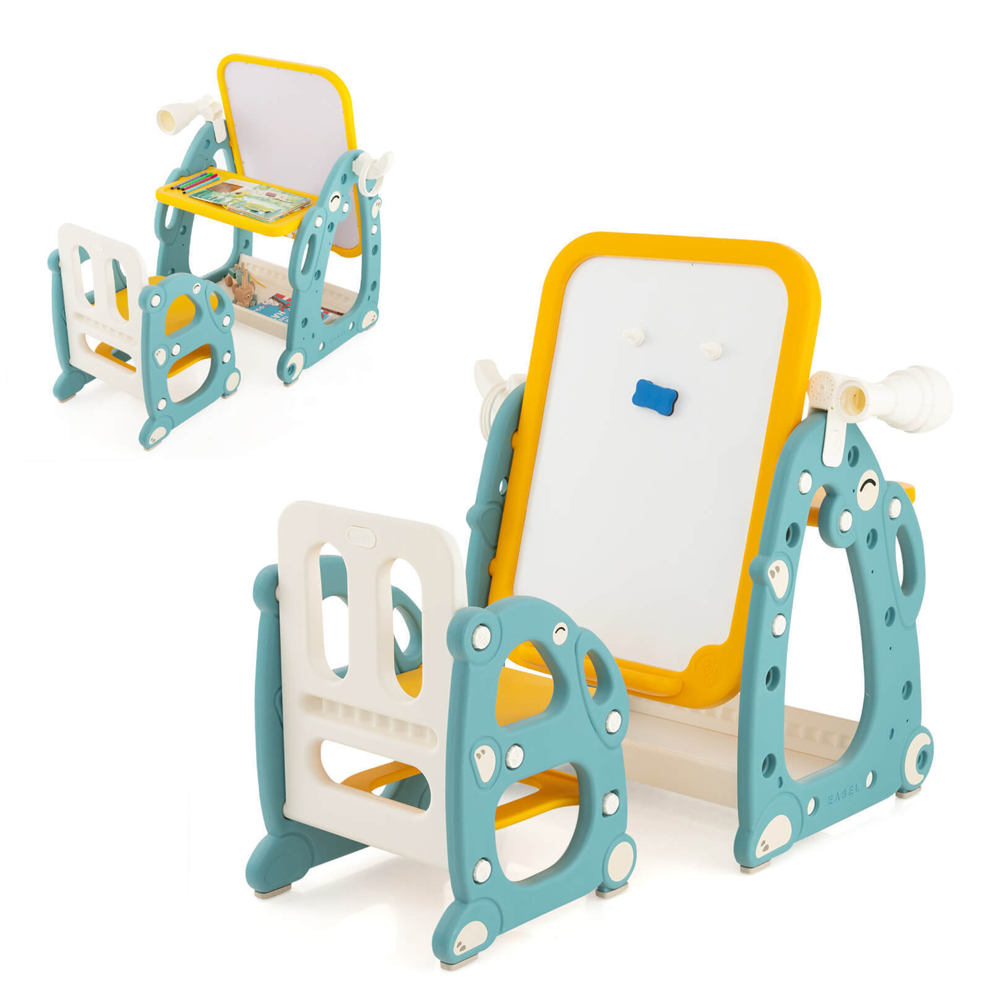 Gymax Chevalet d'Art pour Enfants avec Chaise Ensemble Table et Chaise d'Activité pour Enfants avec Panier de Rangement