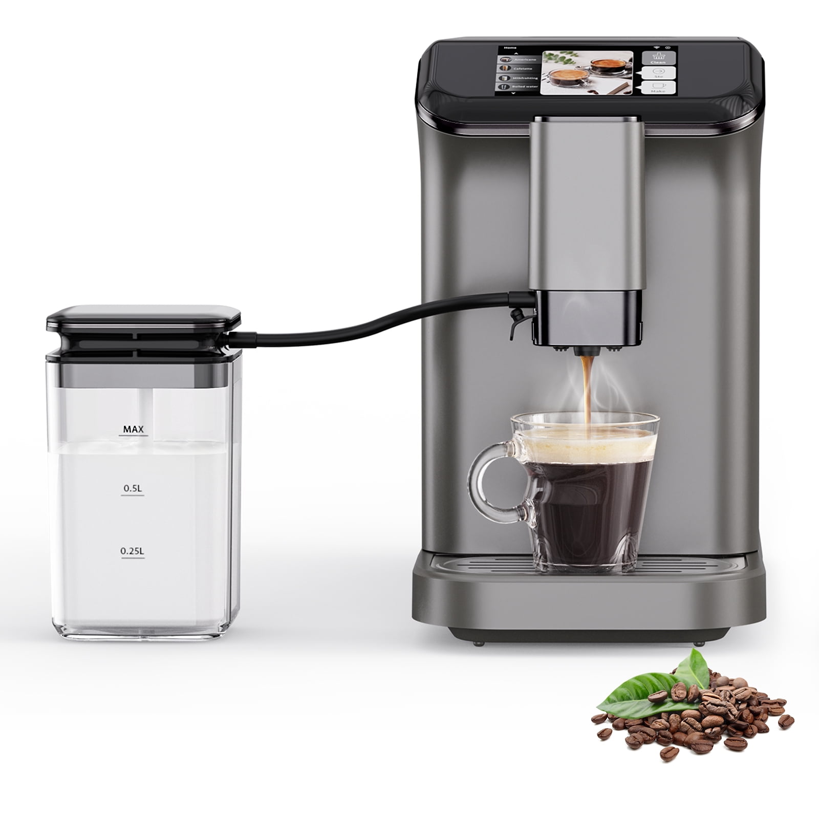 Fully Automatic Espresso Machine, Touchscreen Control Espresso Coffee Maker with 0.75l Milk Container & 1.5l Water Tank, Drip Coffee Maker, Built-in Stainless Steel Coffee Grinder, Grau Gold