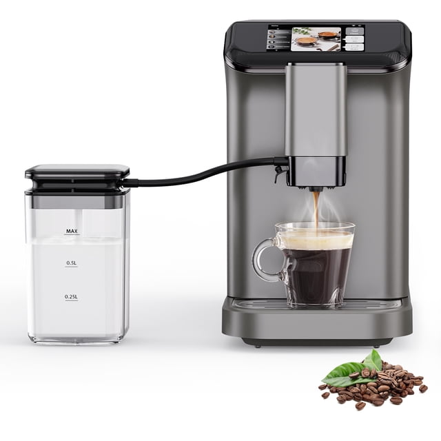 Fully Automatic Espresso Machine, Touchscreen Control Espresso Coffee Maker with 0.75l Milk Container & 1.5l Water Tank, Drip Coffee Maker, Built-in Stainless Steel Coffee Grinder, Grau Gold