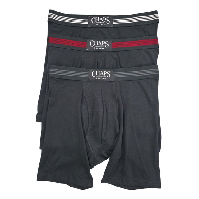Caleçons Boxeurs pour Hommes Chaps - CUBP3 (PBD, S) Trois Caleçons Boxeurs en Tricot Sans Étiquette Assortis en Boîte de 3, Vue Pliée Orientée vers l'Avant Montrant des Motifs à Carreaux et à Rayures, Taille Élastique et silhouette Mi-Haute, Tissu Mélangé Polyester/Spandex/coton avec Tricot Respirant Qui Évacue l'Humidité; Fond Blanc studio; Convient aux Voyages et aux Emballages.