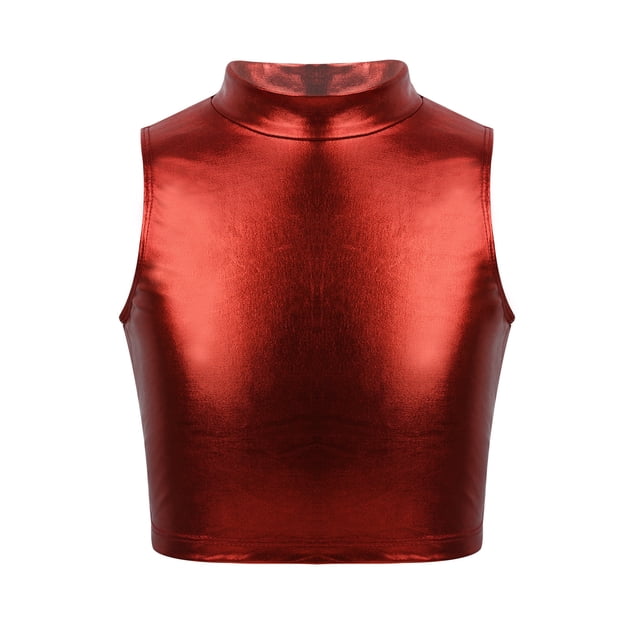 Oyolan Débardeur Court Sans Manches à Col Roulé Métallisé pour Filles Enfants, Ballet, Danse, Scène, Performance, Entraînement, Rouge 8