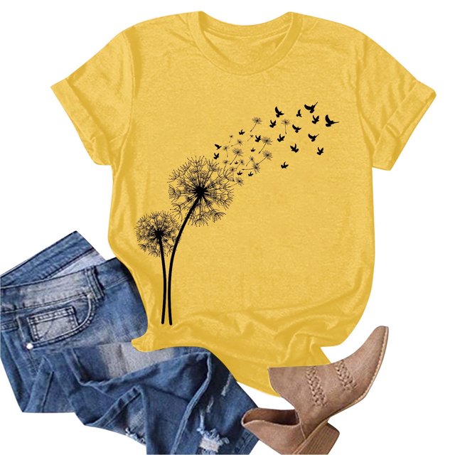 Babysbule Liquidation de Hauts pour Femmes T-shirt à Col Rond de Mode pour Femmes à Manches Courtes Imprimé Pissenlit T-shirt Décontracté Ample Hauts