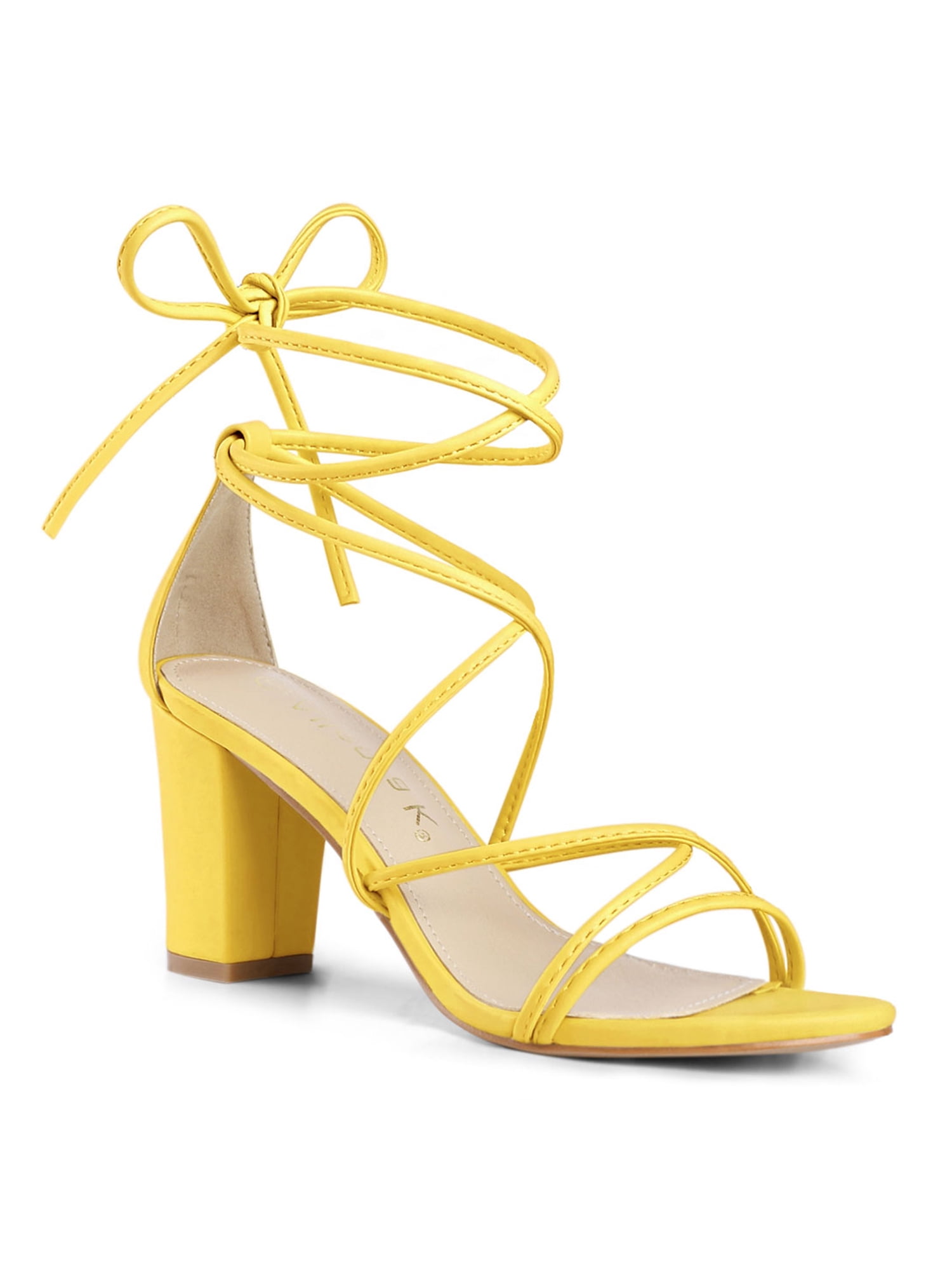 BLISSFUL STEP Women's Shoes Open Toe Lace Up Block Heel Strappy Heels Yellow 9
