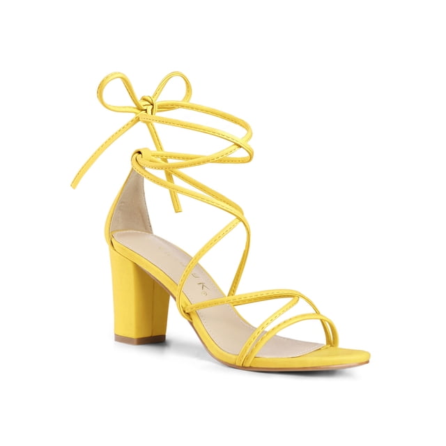 BLISSFUL STEP Women's Shoes Open Toe Lace Up Block Heel Strappy Heels Yellow 9