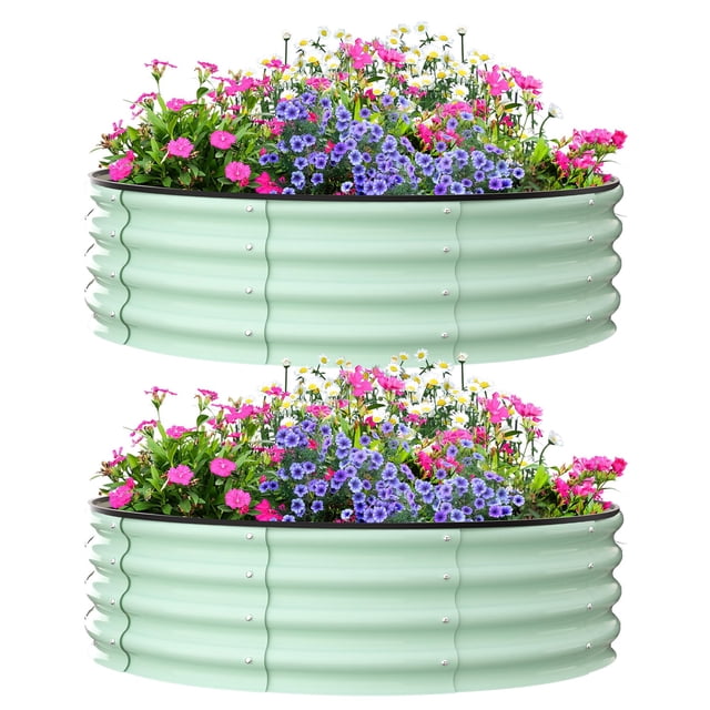 AKDSteel 2-pack round galvanized raised garden beds in a wave-shaped design, shown in a light green finish. Each bed is filled with vibrant flowers in pink, purple, and white hues. These heavy-duty, open-bottom planters are available in 2ft, 3ft, and 4ft sizes, ideal for outdoor gardening of flowers, vegetables, or herbs. The durable galvanized steel construction ensures rust resistance and long-lasting use, while the open-bottom design promotes natural water drainage and root health. Smooth, rounded edges provide safety during assembly and use.