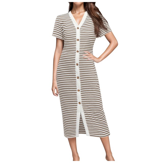 Kcodviy Women Casual Summer Dresses Women Dresses with Pockets Short Sleeve Striped Midi Button Front Dress Dresses Decorative Button Ribbed Plus Size Tunic Dress Knit Dresses Party Dresses