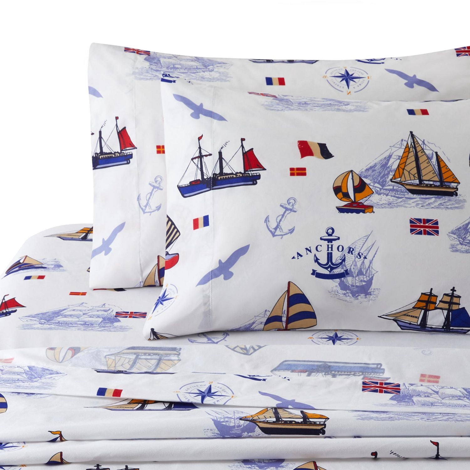 Literie en percale de coton doux 600 fils/cm², motif bateau à voile, housse de couette et drap-housse, motif marine, pour enfants et tout-petits