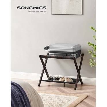 SONGMICS Porte-Bagages Pliant avec Tablette de Rangement, Support de Valise Durable pour Chambre d'Amis, Hôtel Ou Chambre, Noir