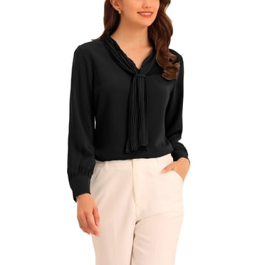 INSPIRE CHIC Women's Long Sleeve Blouses Chiffon Pleated Tie Neck Office Top Shirt XS Black