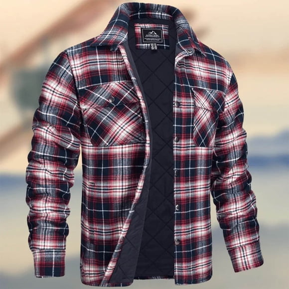 Miqool Mens Button Down Shirt Jacket Long Sleeve Quilted Lined Plaid Jacket Warm Casual Outerwear with Pockets