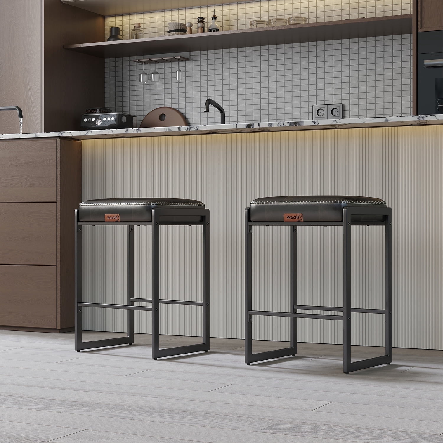 LEDREM Set of 2 Mid-Century Modern Bar Stools, 26-Inch Counter Height ...