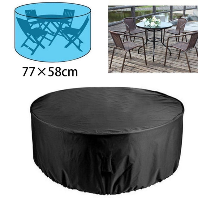 Outdoor Round Furniture Cover Waterproof Garden Sofa Chair Table Covers in black polyester with a solid pattern. The cover is shown protecting a round patio table and chairs, with dimensions of 77x77x58cm (30.3x30.3x22.8 inches). Features include a drawstring for a snug fit and protection against rain, snow, frost, UV rays, dust, dirt, and bird droppings. Ideal for safeguarding garden and patio furniture from weather damage.