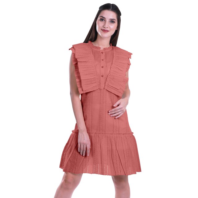 Moomaya Womens Ruffle Sleeve A,Line Schiffli Dress Solid Designer Party Dress