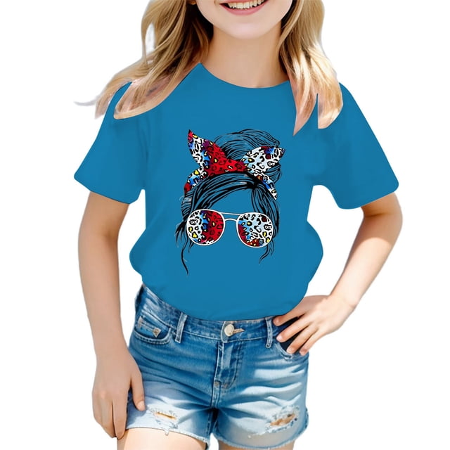 LUOGENLI T-Shirt pour Filles Enfant Filles Mignon Imprimé Graphique Col Rond Manche Courte Tee Été Décontracté T-Shirt Chandails pour Filles Tendance Été Plus Marine 9-10 Ans