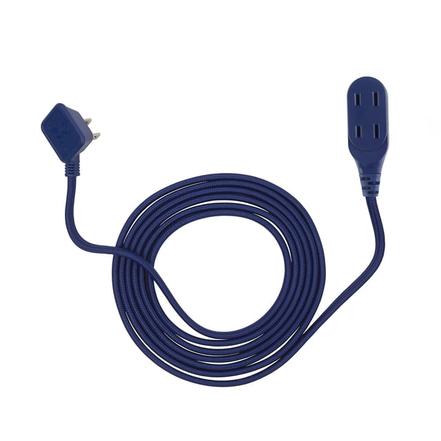 Globe Electric 9-ft Navy Fabric Extension Cord with three polarized outlets and a right-angle plug for space-saving placement, featuring a braided navy fabric cord ideal for indoor use and extending power access up to 9 feet.