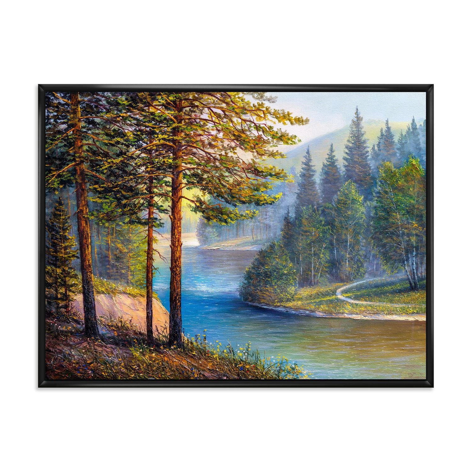 Designart Lumière du soleil du matin à travers la forêt de pins et de sapins ART MURAL À CADRE FLOTTÉ