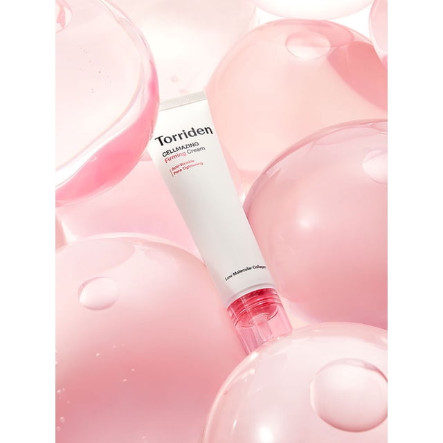 Torriden Cellmazing Crème Raffermissante tube 60 ml avec Corps Blanc et Capuchon Rose Translucide, Entourée de Grandes Sphères de gel Rose Translucide, Mettant en Valeur Ses Bienfaits Anti-âge, Raffermissants, Hydratants et Serrant les Pores pour Améliorer l'Élasticité de la Peau.