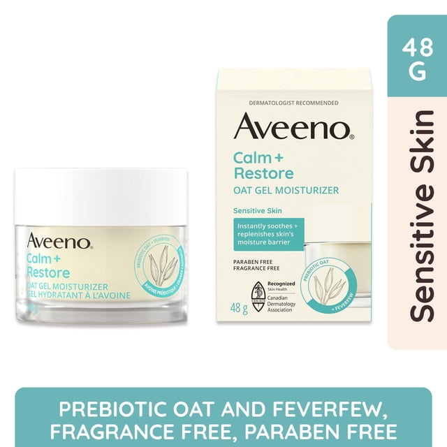Aveeno Calm + Restore Oat Gel Moisturizer in a 48 g jar with white lid and box, formulated for sensitive skin with prebiotic oat and feverfew, fragrance-free and paraben-free, instantly soothing and replenishing skin’s moisture barrier for daily hydration.