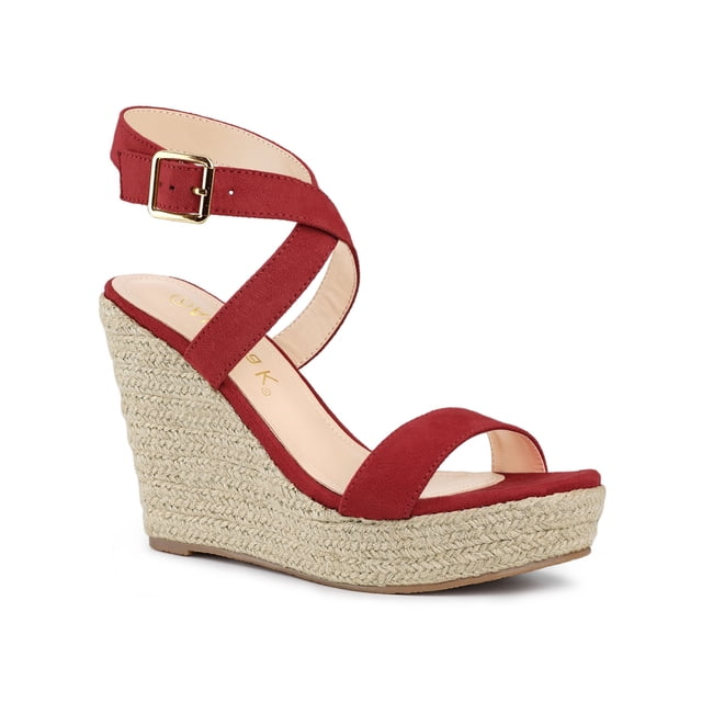 BLISSFUL STEP Chaussures pour Femmes Sandales Espadrilles à Talon Compensé Slingback à Brides Croisées Rouge 10