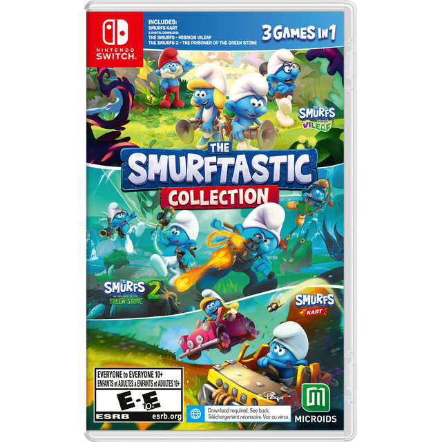 The Smurftastic Collection Nintendo Switch game cover featuring Smurfs characters in adventure and kart racing scenes from three games: The Smurfs - Mission Vileaf, The Smurfs 2 - The Prisoner of the Green Stone, and Smurfs Kart, with family-friendly gameplay and digital download availability.