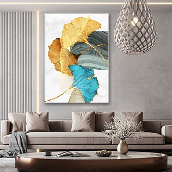 Clearance Sale! Decorative Painting Abstract Wall Art Painting Blue Green Yellow Gold Leaf Canvas Print Wall Artwork Pictures Ready to Hang for Living Room Bedroom Office Home Decoration, A, Relocy
