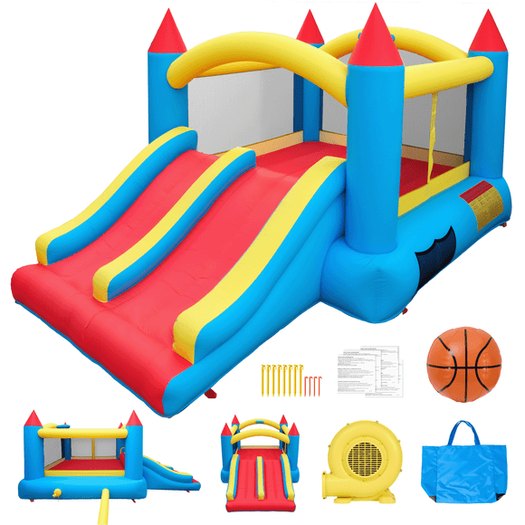 Entil Maison Gonflable à Rebond avec Doubles Glissades et Soufflerie, 13,4 X 9 X 6 Pi, Extérieur/intérieur pour Cadeau pour Enfants, Certifiée FCC et CPC, Bleu et Rouge