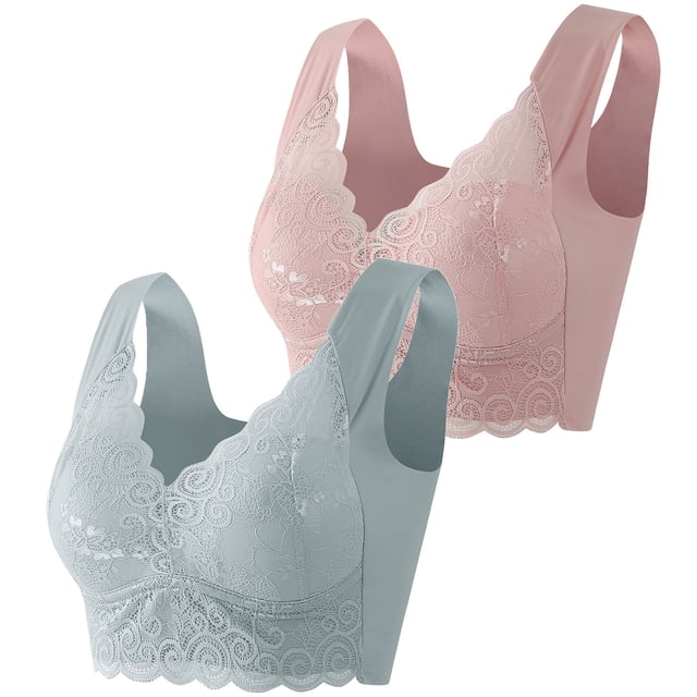 Timegard 2pc Plus Size Bras for Women No Underwire Lace Full Support Back Smoothing Comfort Daily Bras