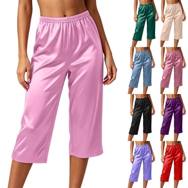 Jovati Pantalon de Sommeil pour Femmes Imitation Soie Glacée Satin Frais Respirant Coupe Ample Longueur Raccourcie Grande Taille Couleur Unie Tenue de Détente