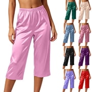 Jovati Sleep Pants for Women Imitation Ice Silk Satin Cool Breathable Loose Fit Cropped Length Plus Size Solid Color Loungewear