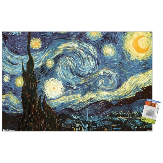 La Nuit Étoilée par Vincent van Gogh Affiche Murale, 22,375 Pouces x 34 Pouces, Représentant le Ciel Nocturne Tourbillonnant Emblématique avec des Étoiles Jaunes Vives et un Croissant de Lune au-Dessus d'Un village Sombre et un Haut Cyprès, Imprimée sur Papier Lustré, Convient à la Décoration Murale de la Maison Ou du Bureau.