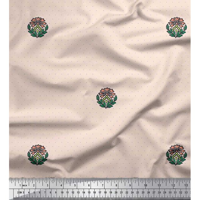 Soimoi Poly Georgette Fabric Dot,Leaves & Floral Block Printed Fabric 1 Yard 52 Inch Wide