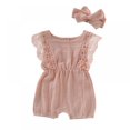 thumbnail image 1 of Baby Lace Little Flying Sleeve One-Piece Romper + Headscarf Female Baby Linen Back Button Lace Edge Romper  Two-Piece Set, 1 of 15