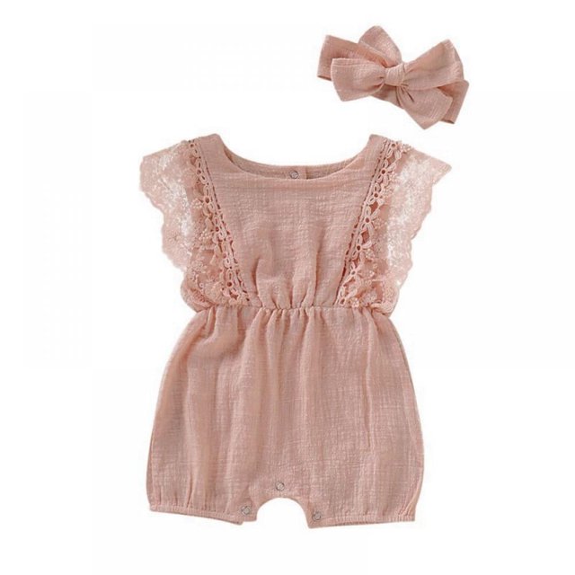Baby Lace Little Flying Sleeve One-Piece Romper + Headscarf Female Baby Linen Back Button Lace Edge Romper Two-Piece Set