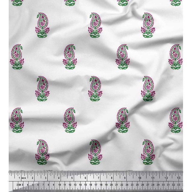 Soimoi Poly Georgette Fabric Leaves & Paisley Block Printed Fabric 1 Yard 42 Inch Wide