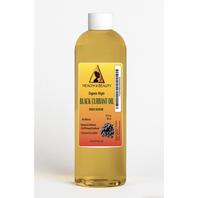 Huile de Graines de Cassis Non Raffinée Vierge Biologique 15 % GLA Pressée à Froid de Qualité Supérieure Fraîche pure, Bouteille de 24 oz. le Liquide Jaune Pâle Est Emballé dans une Bouteille en Plastique Transparente avec un Bouchon à Vis Blanc. l'Étiquette Présente le logo de la Marque Health & Beauty, les Détails du Produit et une image de Cassis. Convient aux Soins du Corps, aux Hydratants pour la Peau et aux Traitements Anti-Inflammatoires.