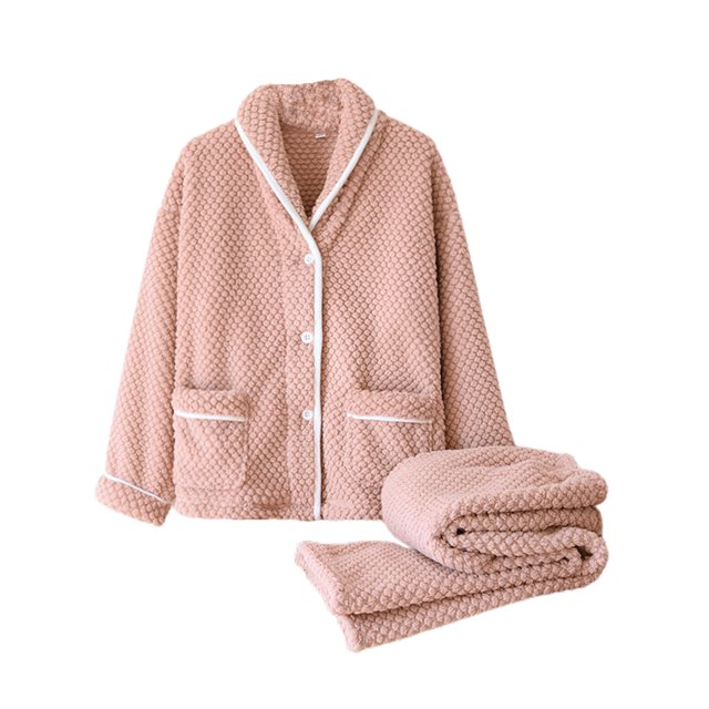 RKSTN Womens Pajama Sets Fall and Winter Home Solid Color Flannel Thickened Pajama Set Long Sleeve Buttons Tops + Pants Pajamas